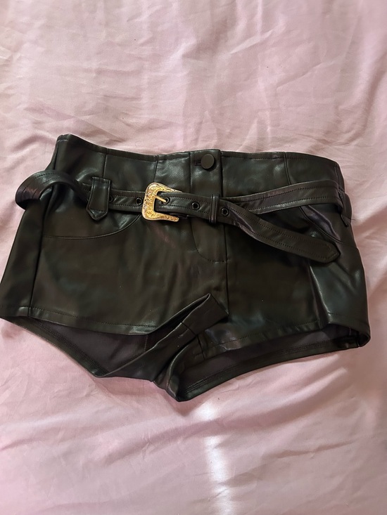 Pants - Black Faux Leather Belted Shorts